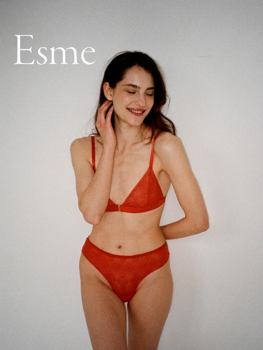 Model wearing Esme Triangle bra and thong. Both in colour Chiili