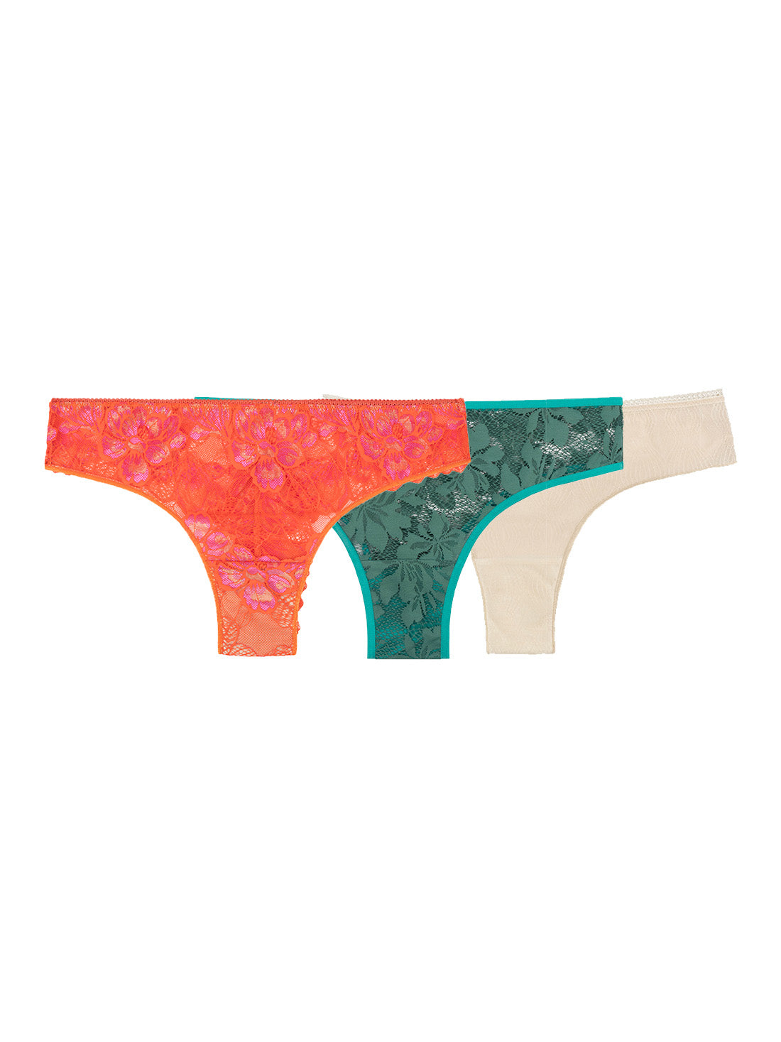 A bundle of 3 thongs: The Flora thong in Tangerine. The Elena Thong in Sage and The Esme Thong in Tapioca