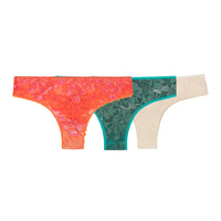 A bundle of 3 thongs: The Flora thong in Tangerine. The Elena Thong in Sage and The Esme Thong in Tapioca