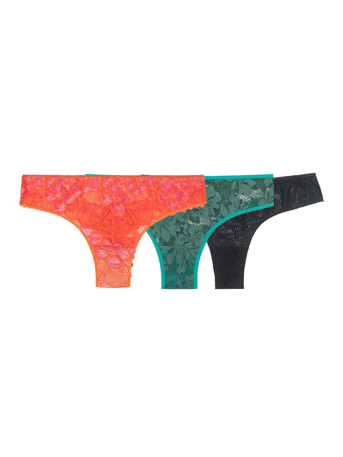 A bundle of 3 thongs: The Flora thong in Tangerine. The Elena Thong in Sage and The Esme Thong in Licorice