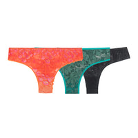 A bundle of 3 thongs: The Flora thong in Tangerine. The Elena Thong in Sage and The Esme Thong in Licorice